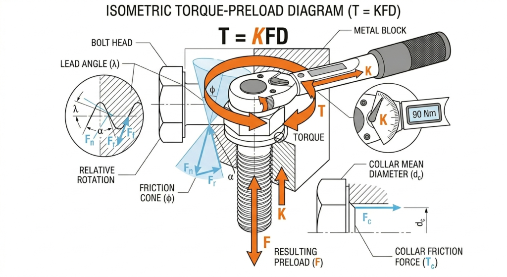 A bolt being tightened by a torque wrench
